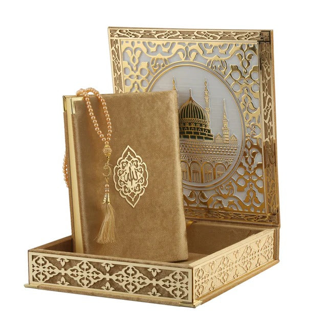 Kabe Ayrıntılı Gold Pleksili Kuran-ı Kerim Tesbih Kutusu